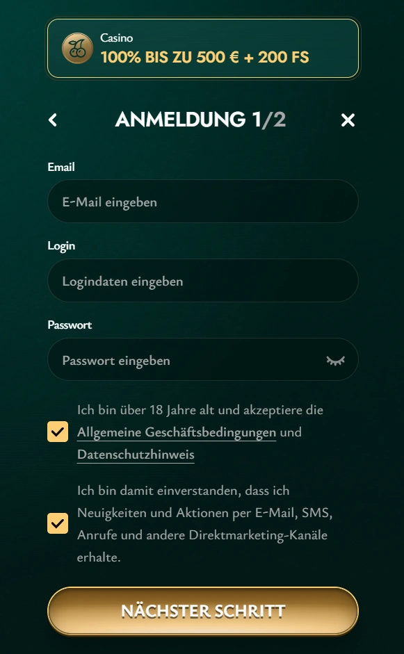 Cashed Casino Registration form step 1